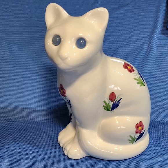 Vtg Ceramic White Kitty Cat Art Elpa Alcobaca Portuguese Hand Painted Flowers - Picture 7 of 10